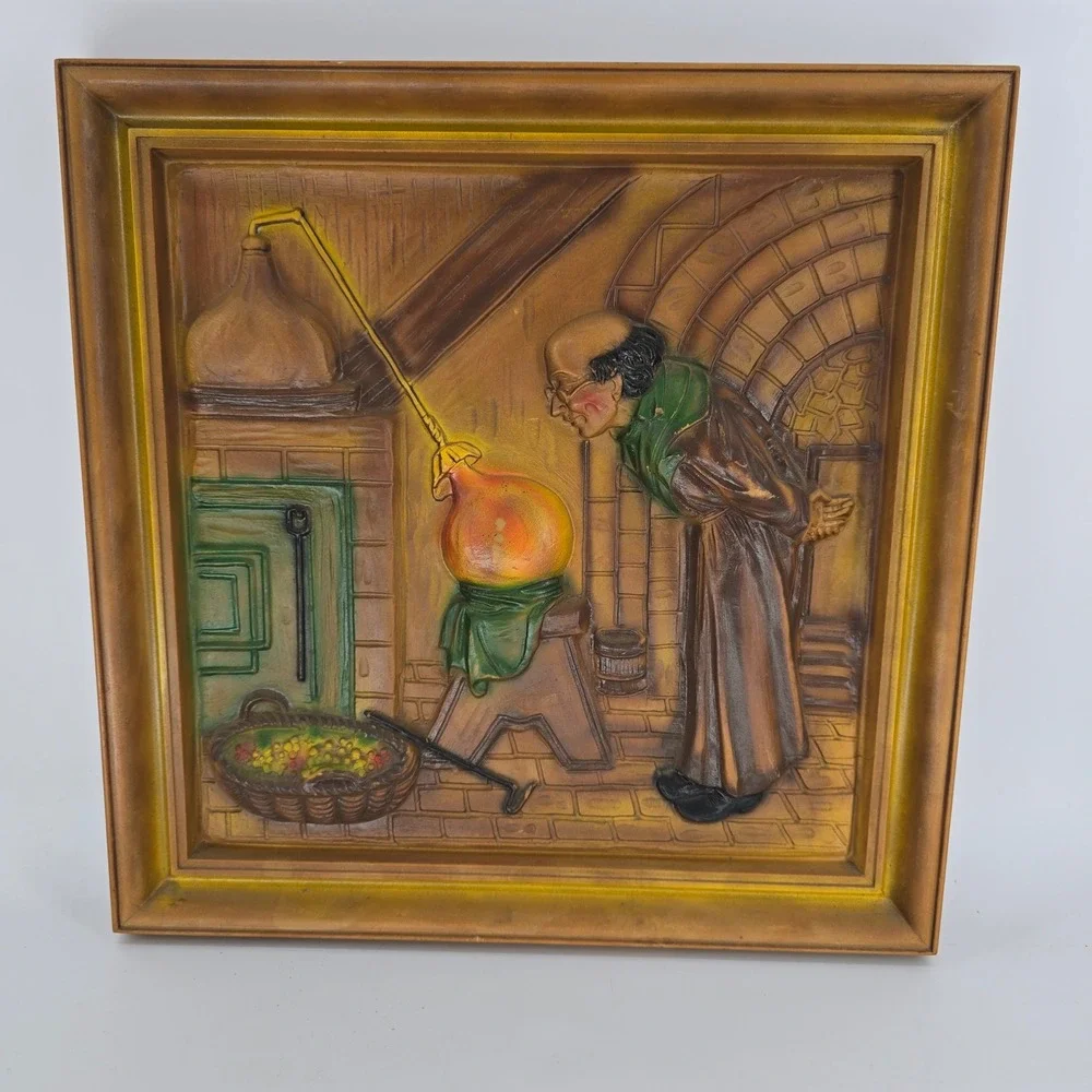 Vintage Italian 3D Faux Wood Plaques Set Mod Dep Spitzweg Alchemist Poor Poet
